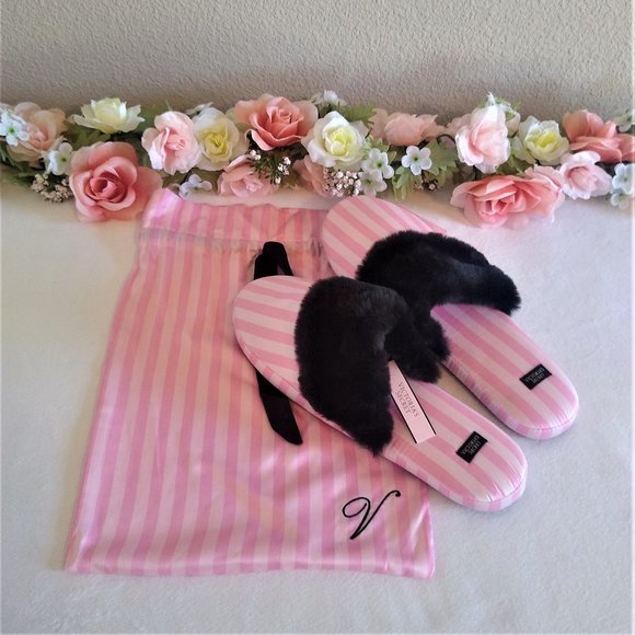 Victoria's Secret Shoes - Victoria's Secret Pink Striped Slippers & Bag  NWT